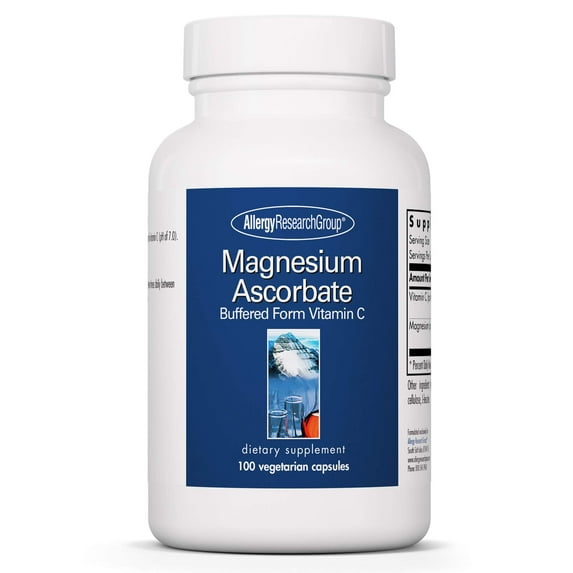 Allergy Research Group Magnesium Ascorbate Supplement - 1000mg Buffered Vitamin C, Immune support, Magnesium Powder, Vegetarian Capsules - 100 Count