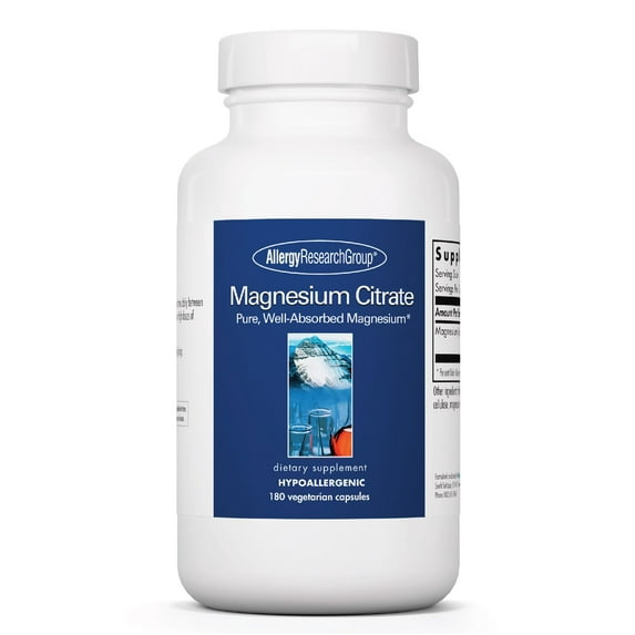 Allergy Research Group Magnesium Citrate Supplement - Pure Magnesium Citrate Capsules for Calm, Sleep, Constipation, and Digestion for Women and Men, 170 mg Per Pill - 180 Vegetarian Capsules