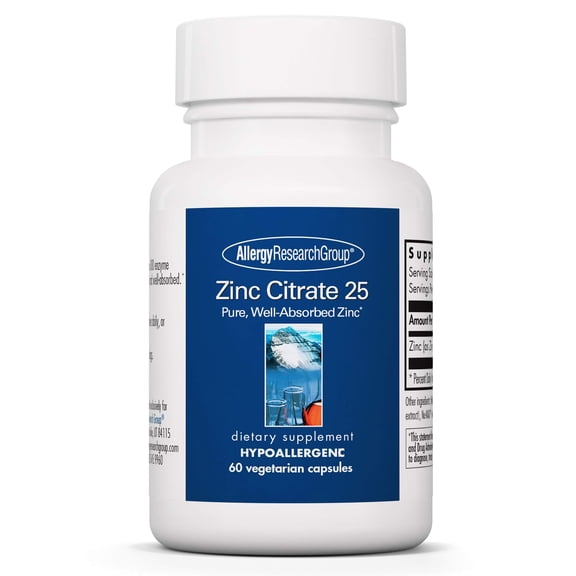 Allergy Research Group Zinc Citrate Supplement - 25mg Zinc for Men & Women, Immune support, Pure, Well-Absorbed, Well-Tolerated, Trace Mineral, Vegetarian Capsules - 60 Count
