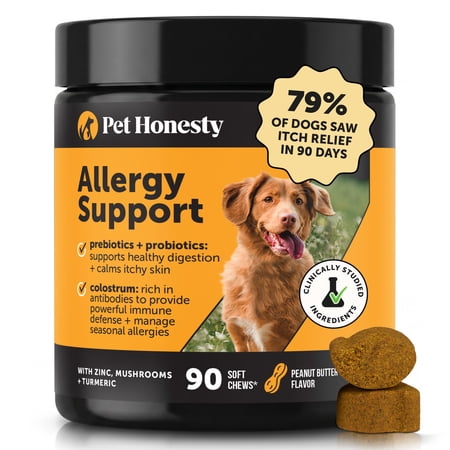 Pet Honesty Allergy Support Peanut Butter Flavored Colostrum & Turmeric Chews, Itchy Skin, Immune & Allergy Relief Supplement for Dogs, 90 count