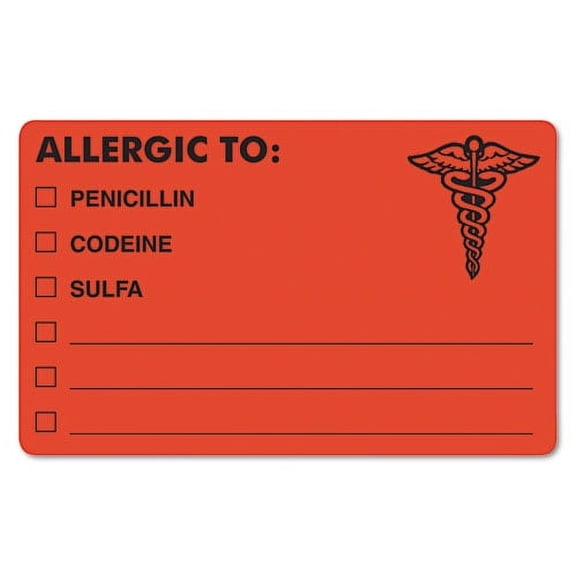 Allergy Warning Labels, Allergic To: Penicilln, Codeine, Sulfa, 2.5 X 4, Fluorescent Red, 100/roll | Bundle of 2 Rolls