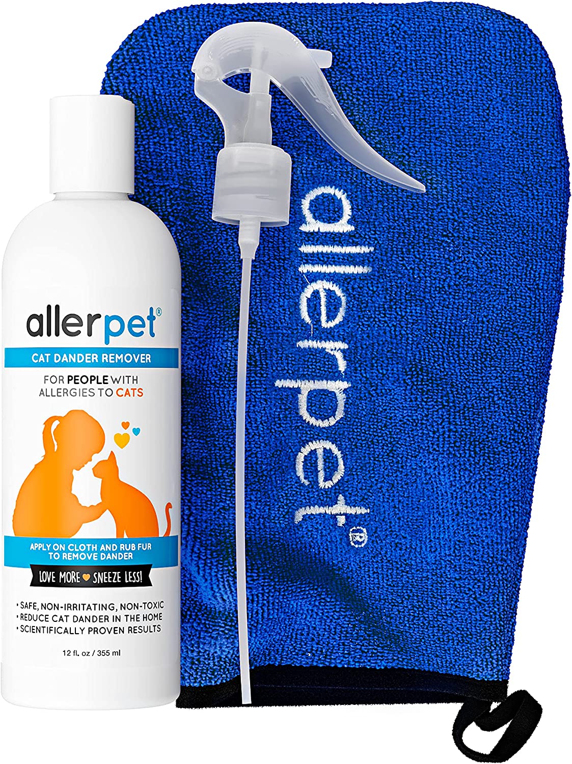 Allerpet Eliminador de Caspa para Gatos con Guante Aplicador y Rociador de Regalo - Reductor de Alérgenos para Mascotas 100% No Tóxico - Científicamente Comprobado para un Alivio Efectivo de las Alergias (12oz)