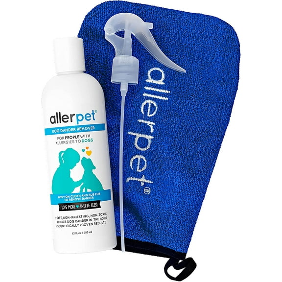 Allerpet Dog Dander Remover, 12oz Bottle + Bonus Pet Mitt Applicator to Easily Apply Solution to Your Pet - Scientifically Proven for Effective Dog Allergy Relief