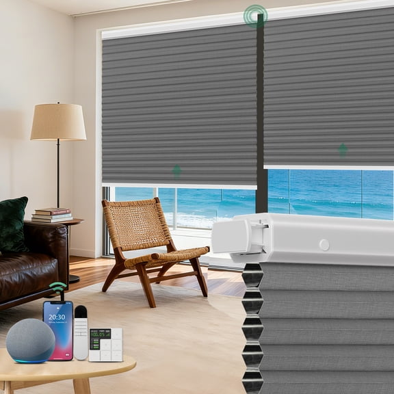Allesin No Drill Motorized Cellular Shades Quiet Motor 45dB Smart Honeycomb Blinds with App and Voice Control Rechargeable Solar Option Aluminum Rails(38" W x 64" H, 100% Blackout Volcanic Gray)