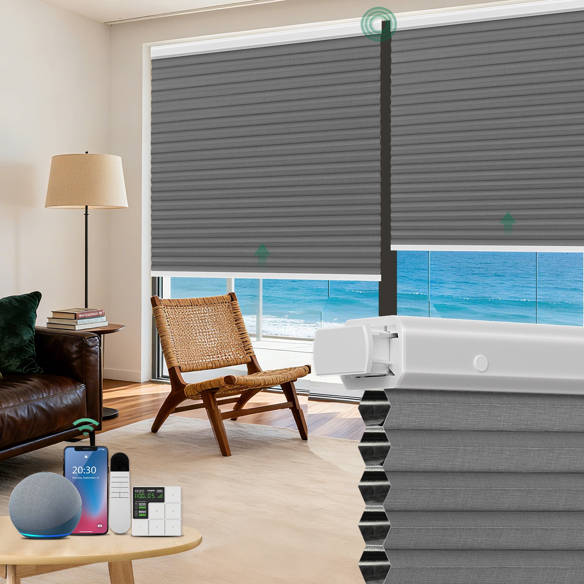 Allesin No Drill Motorized Cellular Shades Quiet Motor 45dB Smart Honeycomb Blinds with App and Voice Control Rechargeable Solar Option Aluminum Rails(45" W x 64" H, 100% Blackout Volcanic Gray)