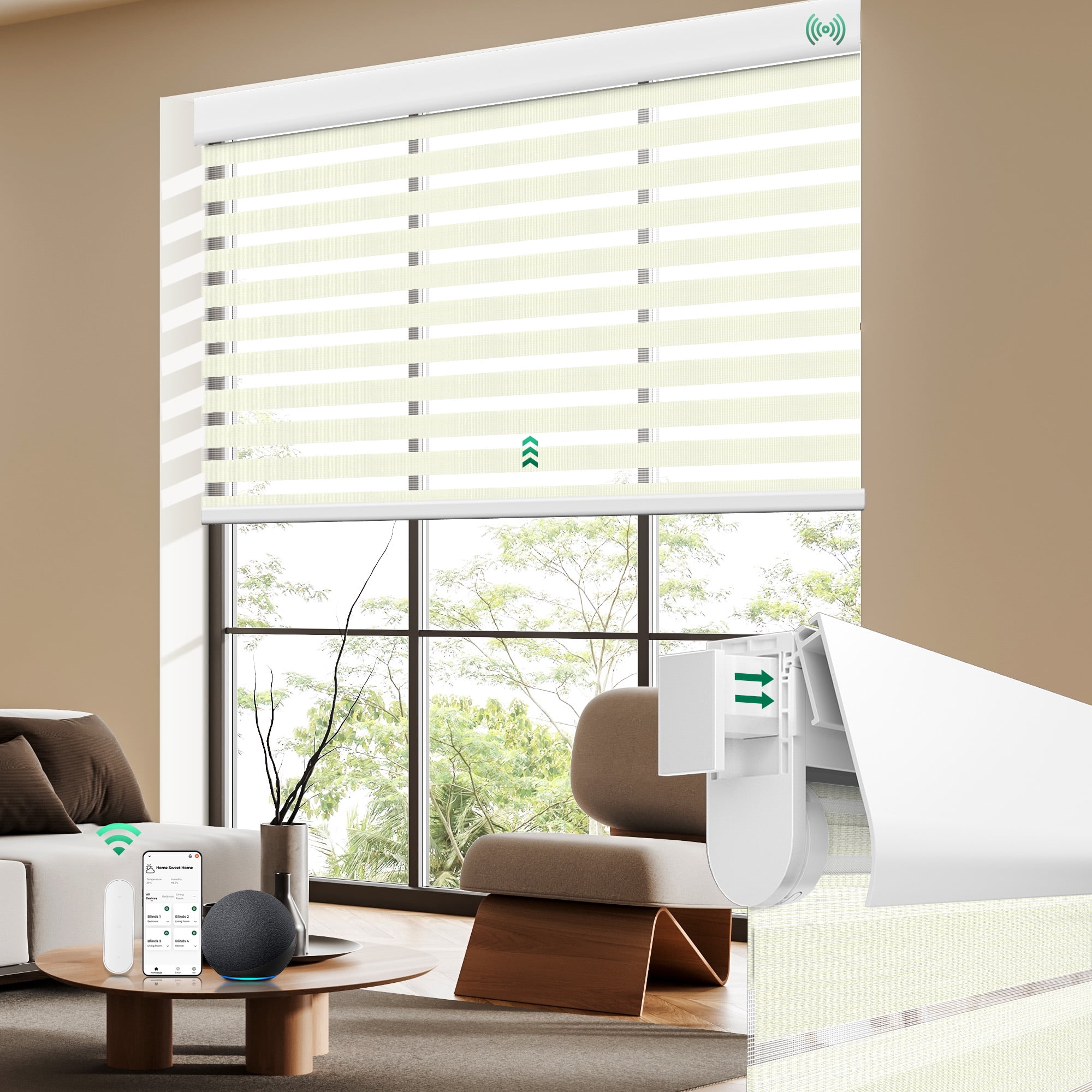Allesin No Drill Motorized Zebra Shades with Remote, 50% Light Filtering Smart Blinds for Apartments & Rentals, Alexa Compatible, Auto Day/Night Adjustment (Pearl White 35.5"W x 72"H)