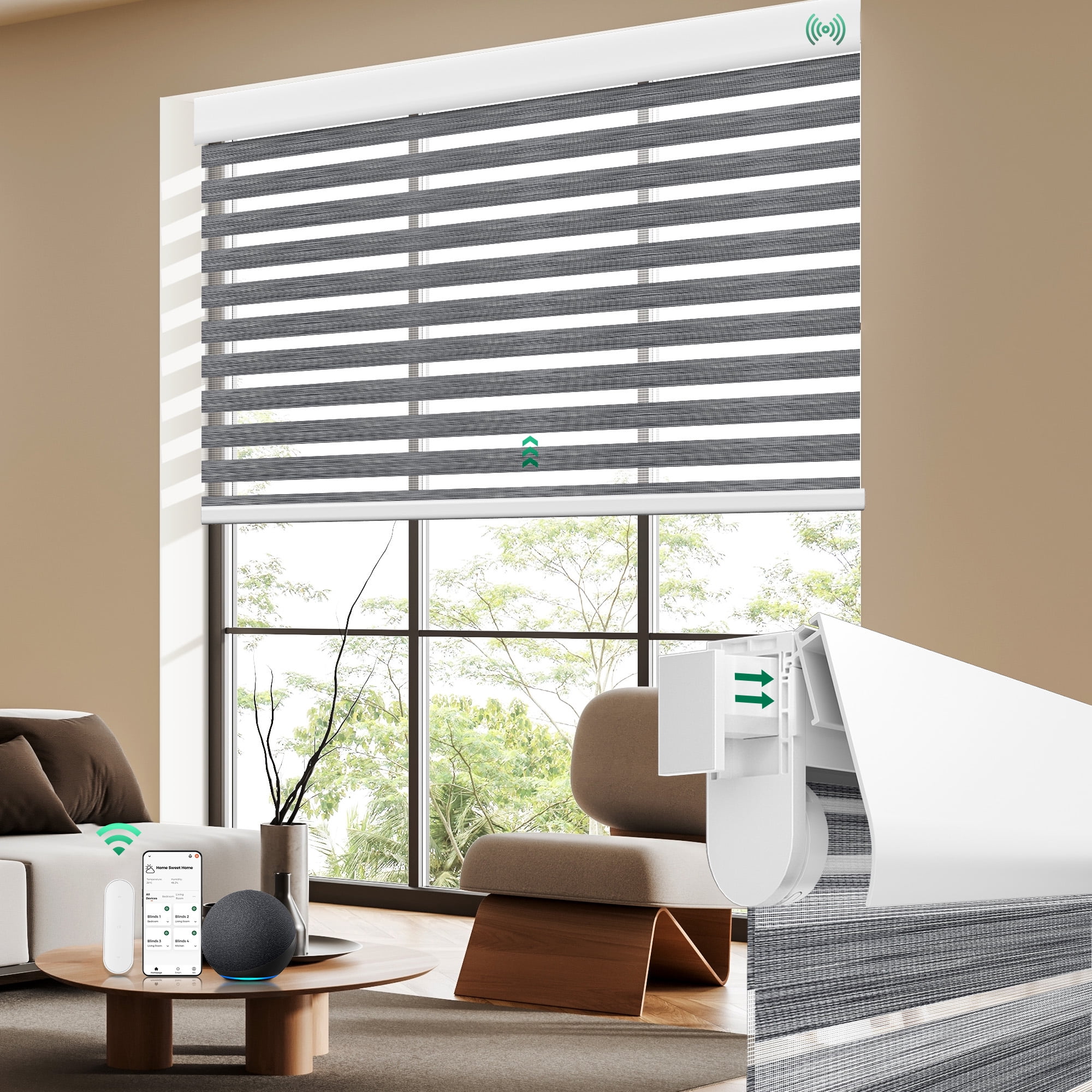 Allesin No Drill Motorized Zebra Shades with Remote, 50% Light Filtering Smart Blinds for Apartments & Rentals, Alexa Compatible, Auto Day/Night Adjustment (Rock Gray 27"W x 72"H)