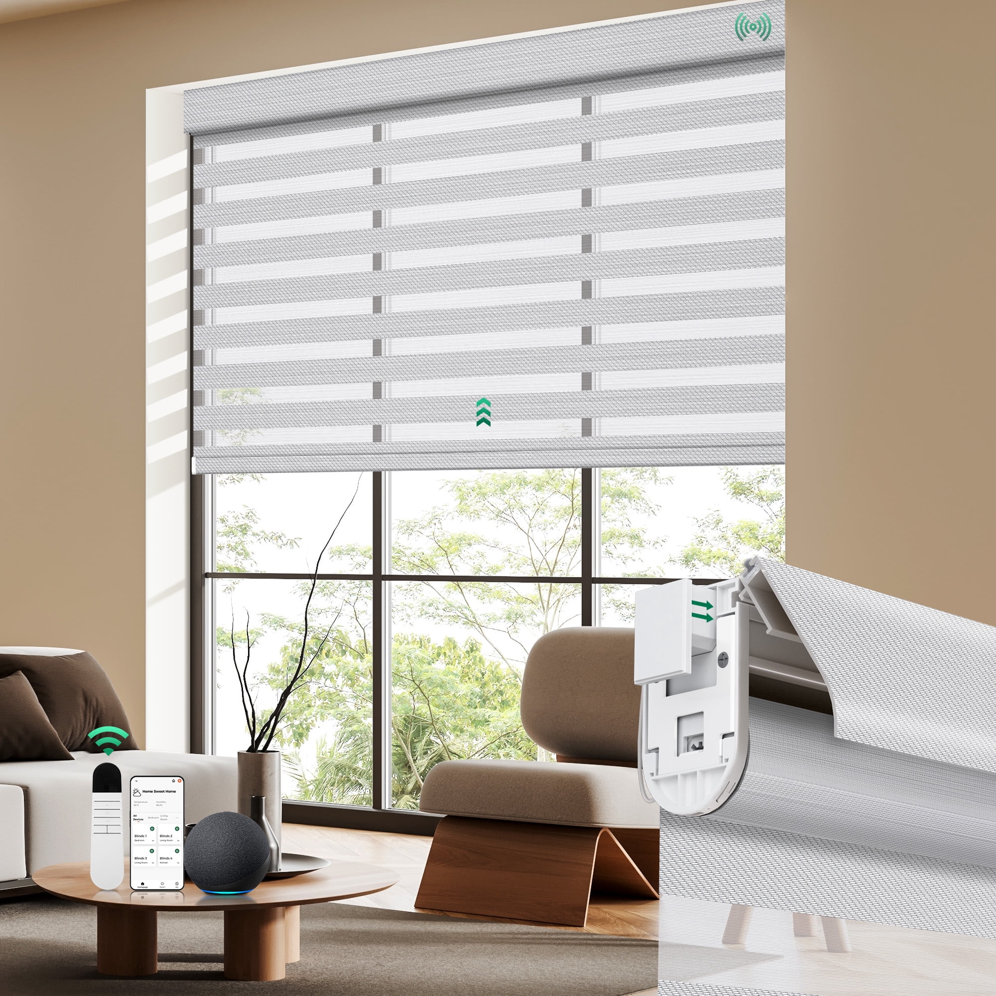 Allesin No Drill Motorized Zebra Shades with Remote Control, 50% Light Filtering Smart Blinds for Apartments & Rentals , Automatic Day/Night Adjustment (Silver Gray 32"Wx72"H)