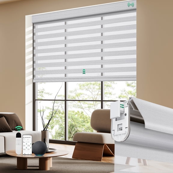 Allesin No Drill Motorized Zebra Shades with Remote Control, 50% Light Filtering Smart Blinds for Apartments & Rentals , Automatic Day/Night Adjustment (Silver Gray 34"Wx72"H)
