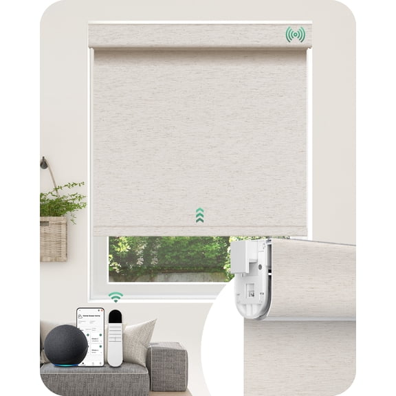 Allesin Motorized Blinds No Drill Automatic Roller Shades with Remote | Rental-friendly & Easy Install Smart Electric Blackout Window Blinds for Apartment, Cream-Linen 34.5x72