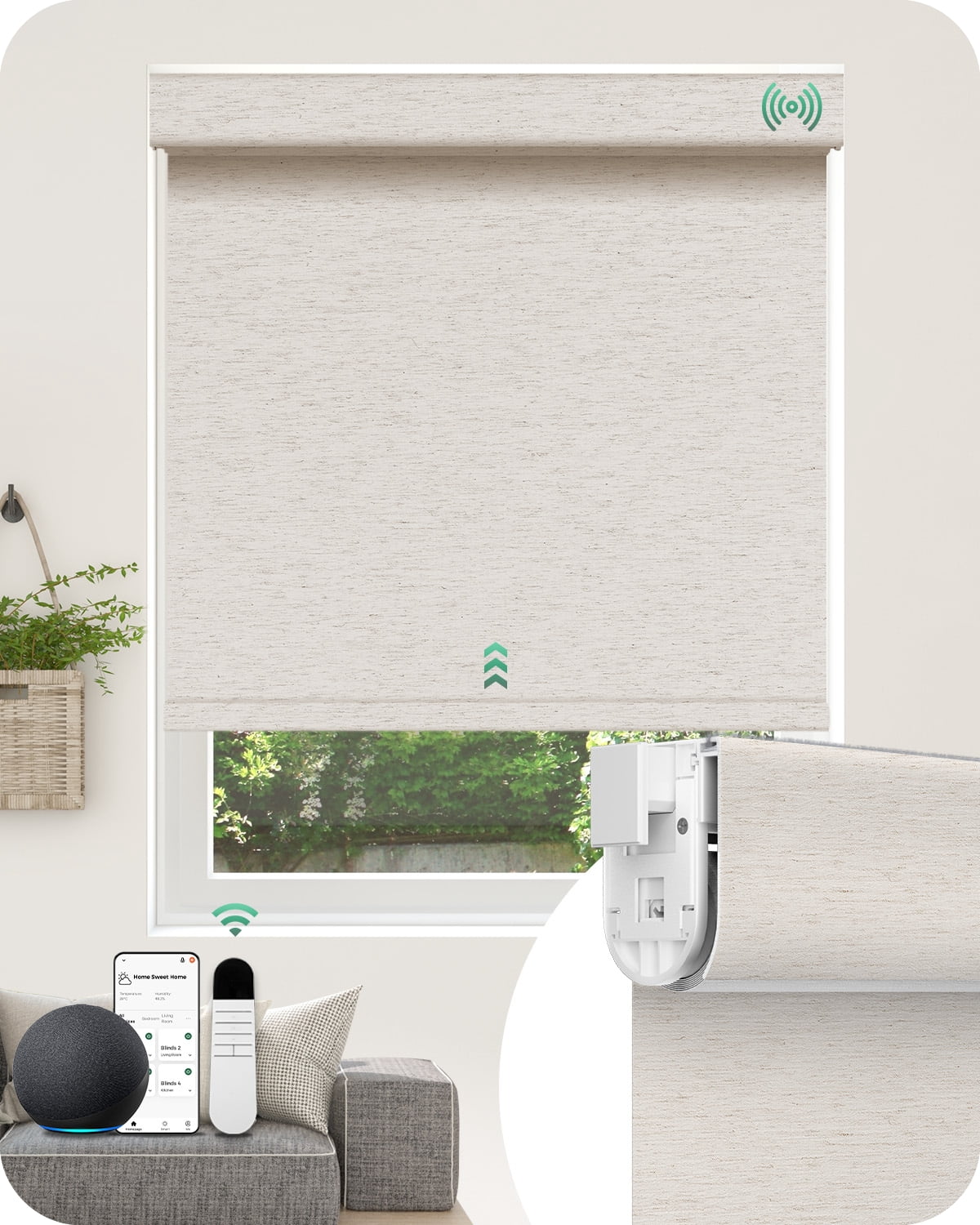 Allesin Motorized Blinds No Drill Automatic Roller Shades with Remote | Rental-friendly & Easy Install Smart Electric Blackout Window Blinds for Apartment, Cream-Linen 28.5x72