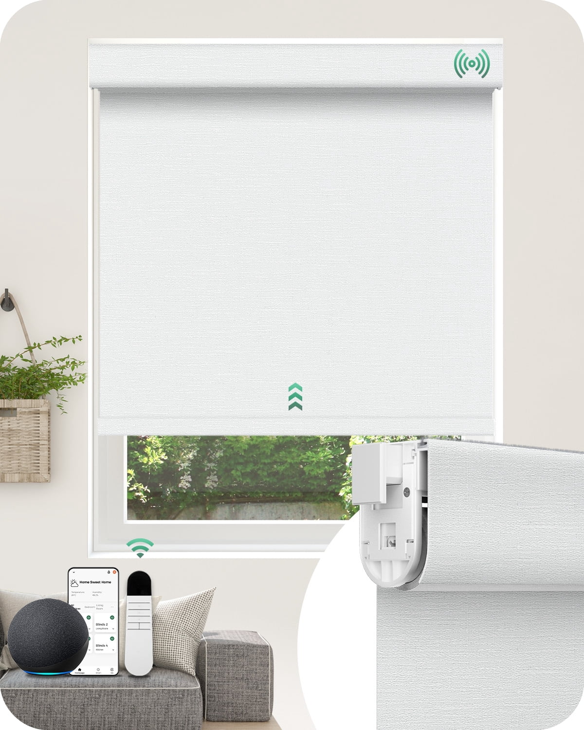 Allesin Motorized Blinds No Drill Automatic Roller Shades with Remote | Rental-friendly & Easy Install Smart Electric Blackout Window Blinds for Apartment, Snow-Jacquard 46x72