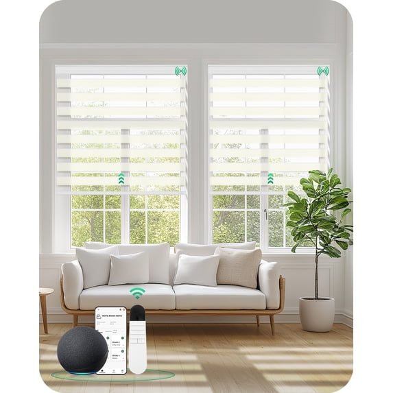 Allesin Motorized Zebra Blinds with Remote | Electric Dual Layer Light Contorl Shades, Cordless Smart Blinds for Living Room, Bedroom, Home Office (Pearl White, 22"W x 72"H)