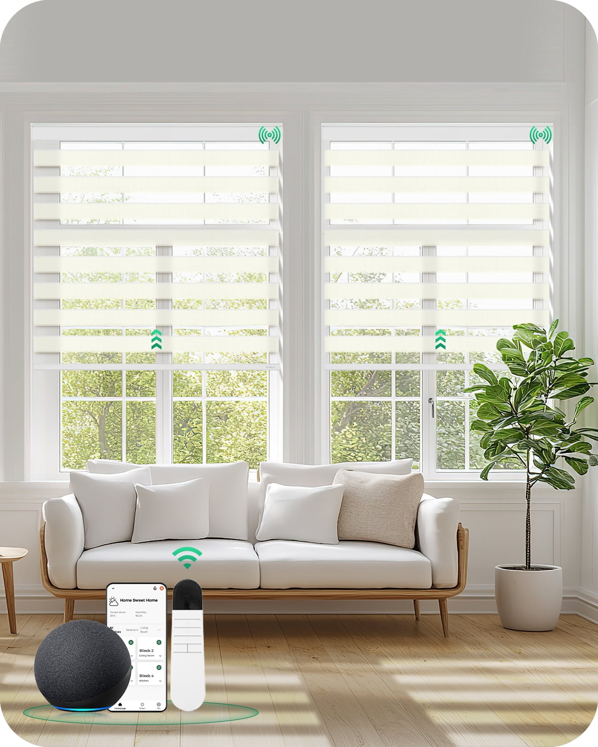 Allesin Motorized Zebra Blinds with Remote | Electric Dual Layer Light Contorl Shades, Cordless Smart Blinds for Living Room, Bedroom, Home Office (Pearl White, 36"W x 72"H)