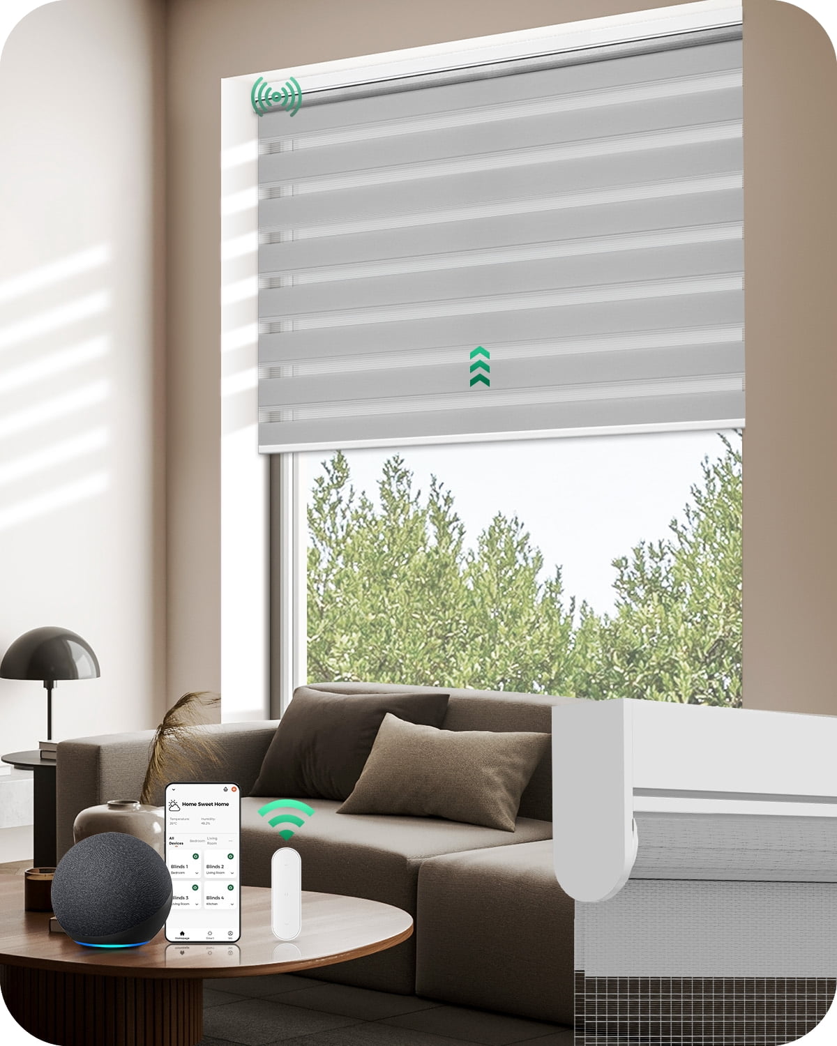 Allesin Motorized Zebra Blinds with Remote, Electric Dual-Layer Shades with Dry Battery-Powered, Smart Horizontal Window Blind with Privacy Light Control (Gray 34"W x 72"H)