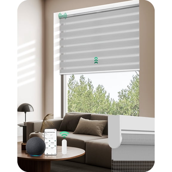 Allesin Motorized Zebra Blinds with Remote, Electric Dual-Layer Shades with Dry Battery-Powered, Smart Horizontal Window Blind with Privacy Light Control (Gray 35"W x 72"H)