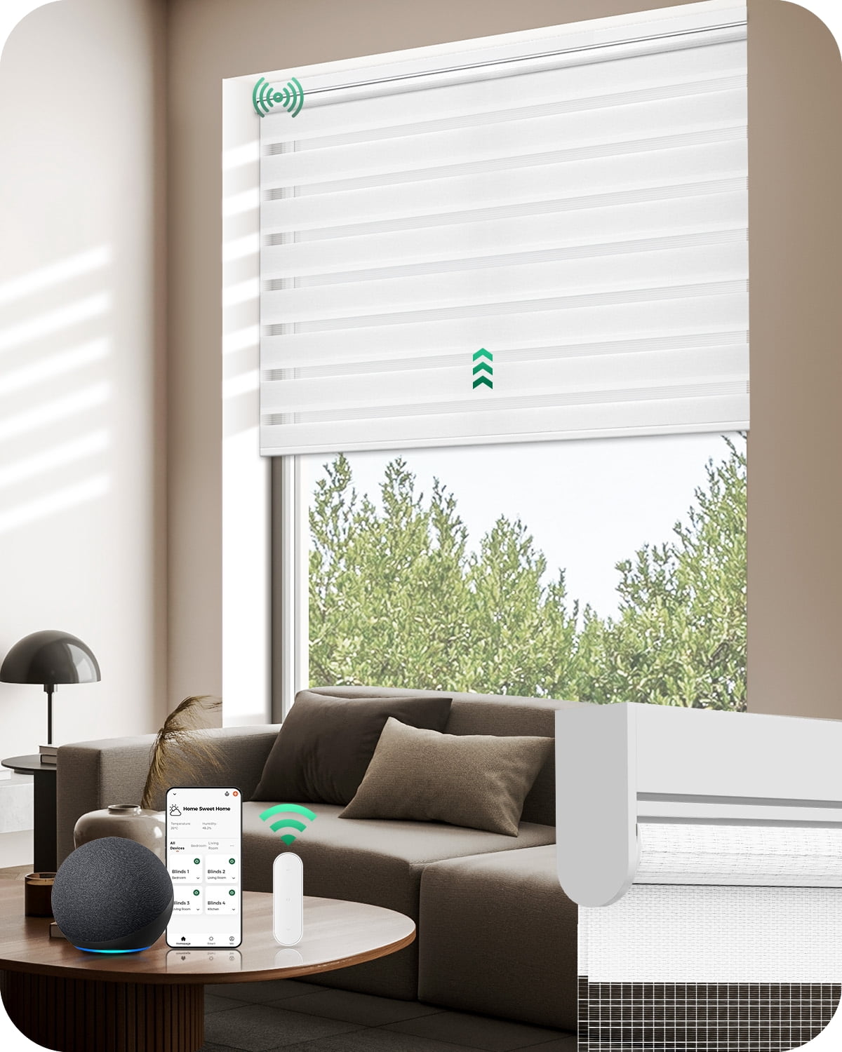 Allesin Motorized Zebra Blinds with Remote, Electric Dual-Layer Shades with Dry Battery-Powered, Smart Horizontal Window Blind with Privacy Light Control (White 27"W x 72"H)
