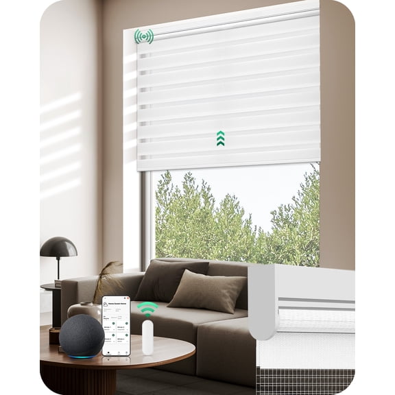 Allesin Motorized Zebra Blinds with Remote, Electric Dual-Layer Shades with Dry Battery-Powered, Smart Horizontal Window Blind with Privacy Light Control (White 27"W x 72"H)