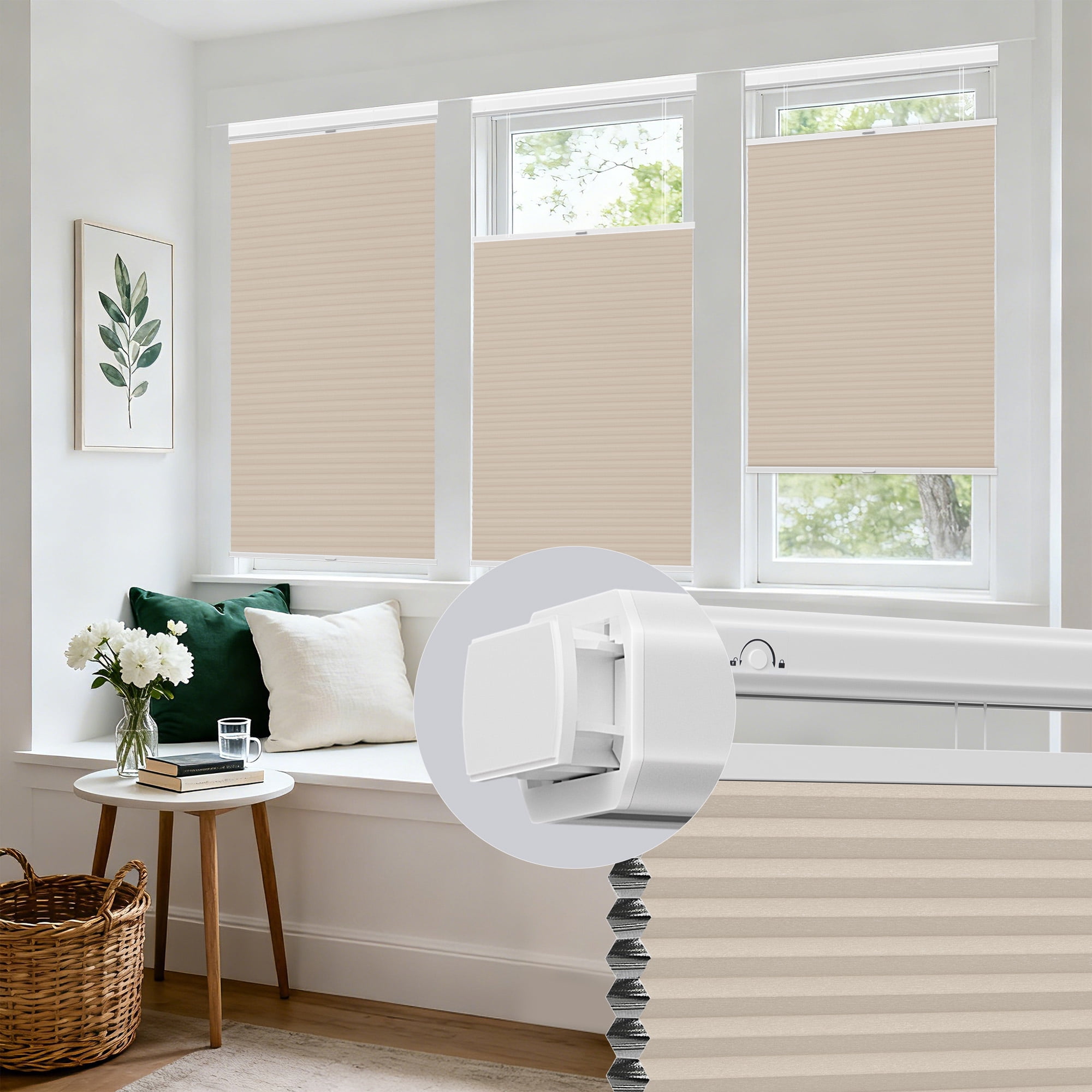 Allesin Zen No Drill No Tools Top Down Bottom Up Cellular Shades,Blackout Cordless Window Blinds for Indoor Windows,Easy to Install Honeycomb Blinds,Beige(Blackout) 34.5" Wx64 H