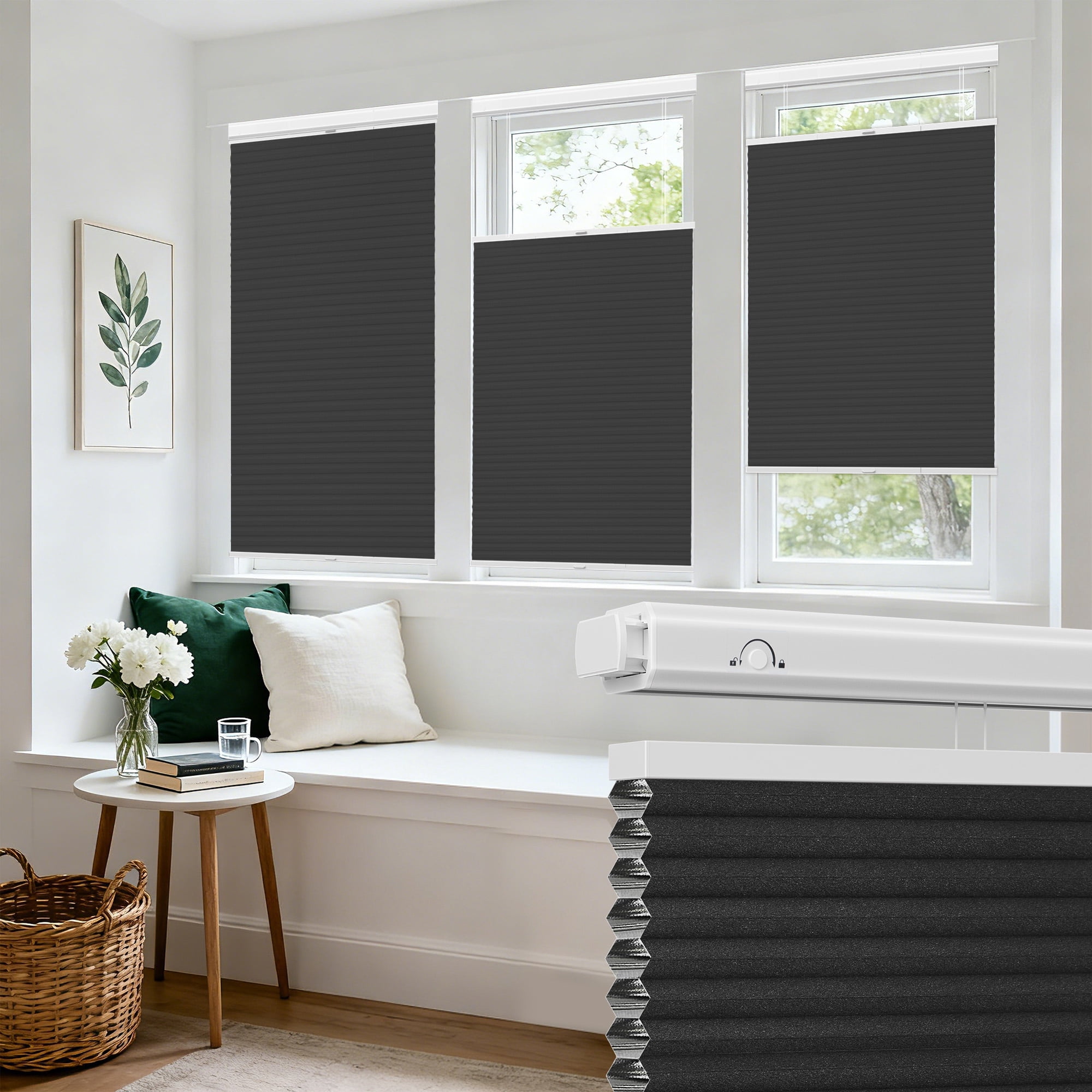 Allesin Zen No Drill No Tools Top Down Bottom Up Cellular Shades,Blackout Cordless Window Blinds for Indoor Windows,Easy to Install Honeycomb Blinds,Black(Blackout) 30" Wx64 H