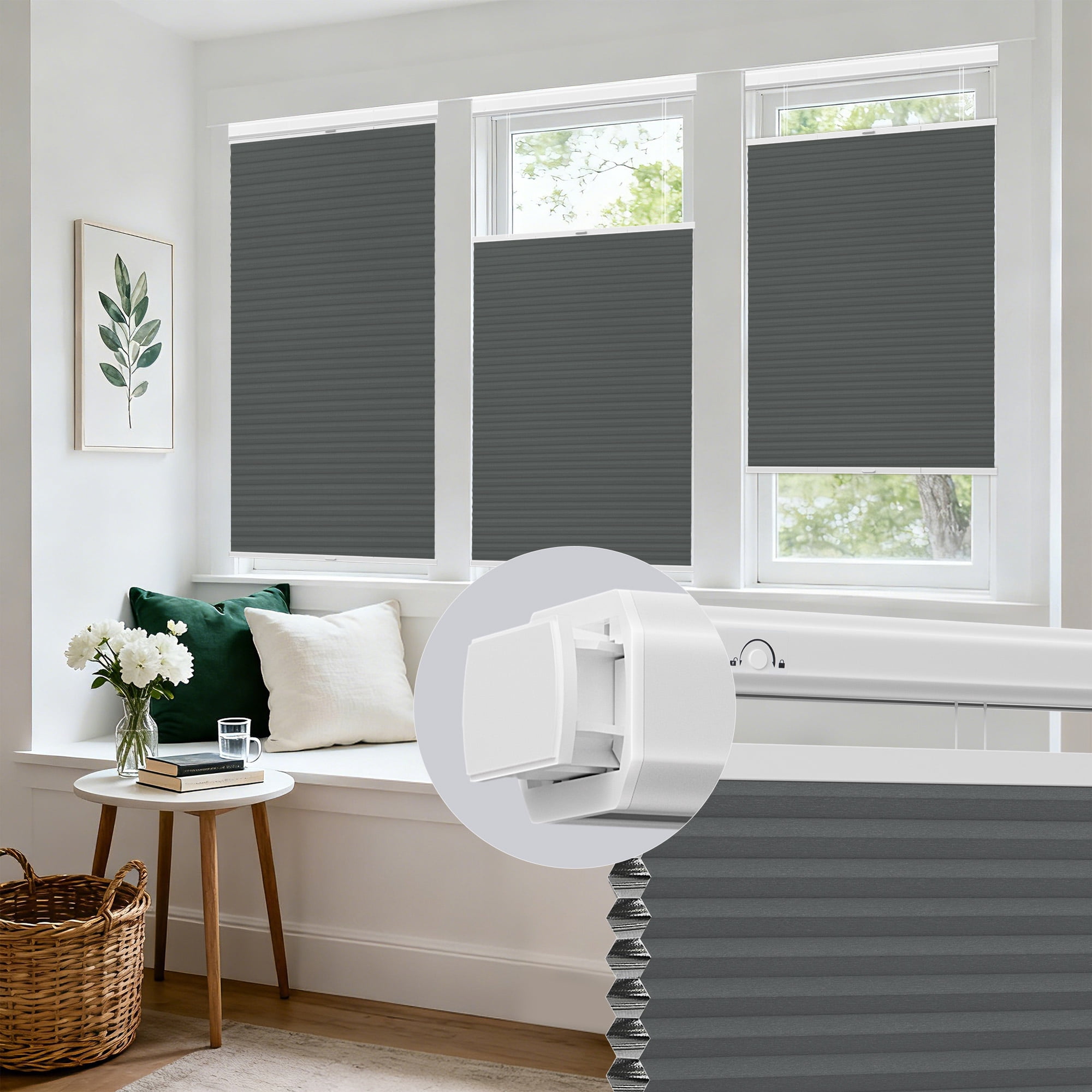 Allesin Zen No Drill No Tools Top Down Bottom Up Cellular Shades,Blackout Cordless Window Blinds for Indoor Windows,Easy to Install Honeycomb Blinds,White-Dark Gray(Blackout) 31" Wx64 H