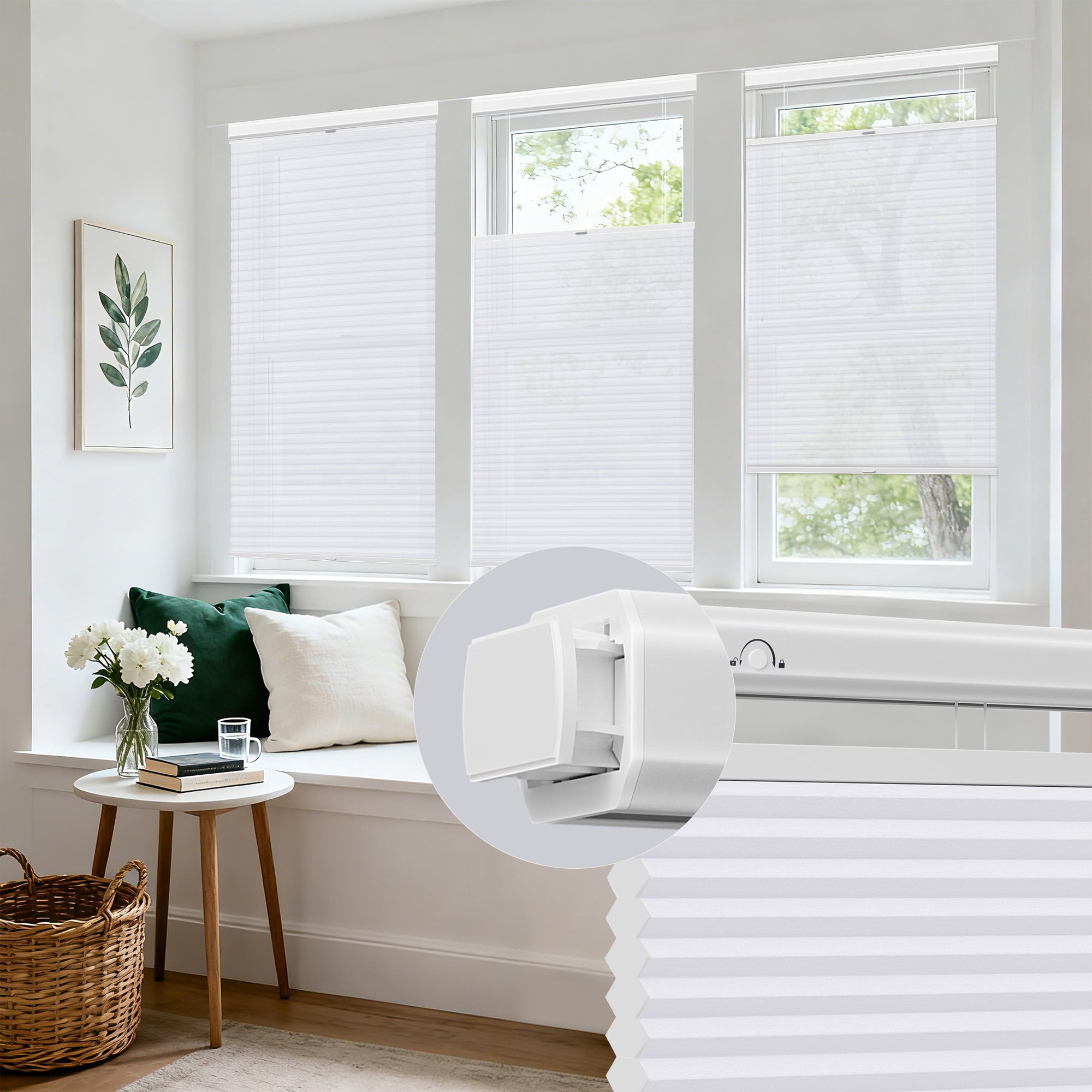 Allesin Zen No Drill No Tools Top Down Bottom Up Cellular Shades,Blackout Cordless Window Blinds for Indoor Windows,Easy to Install Honeycomb Blinds,White(Light Filtering) 34" Wx64 H