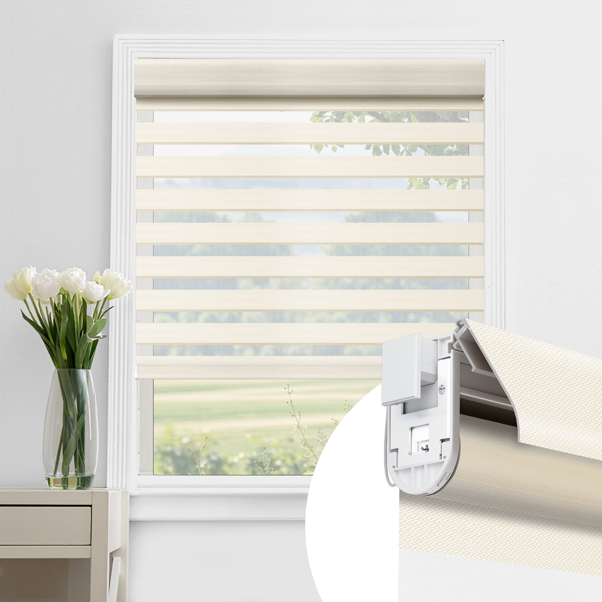Allesin Zen No Drill No Tools Cordless Zebra Blinds, Beige, 29"Wx48"H