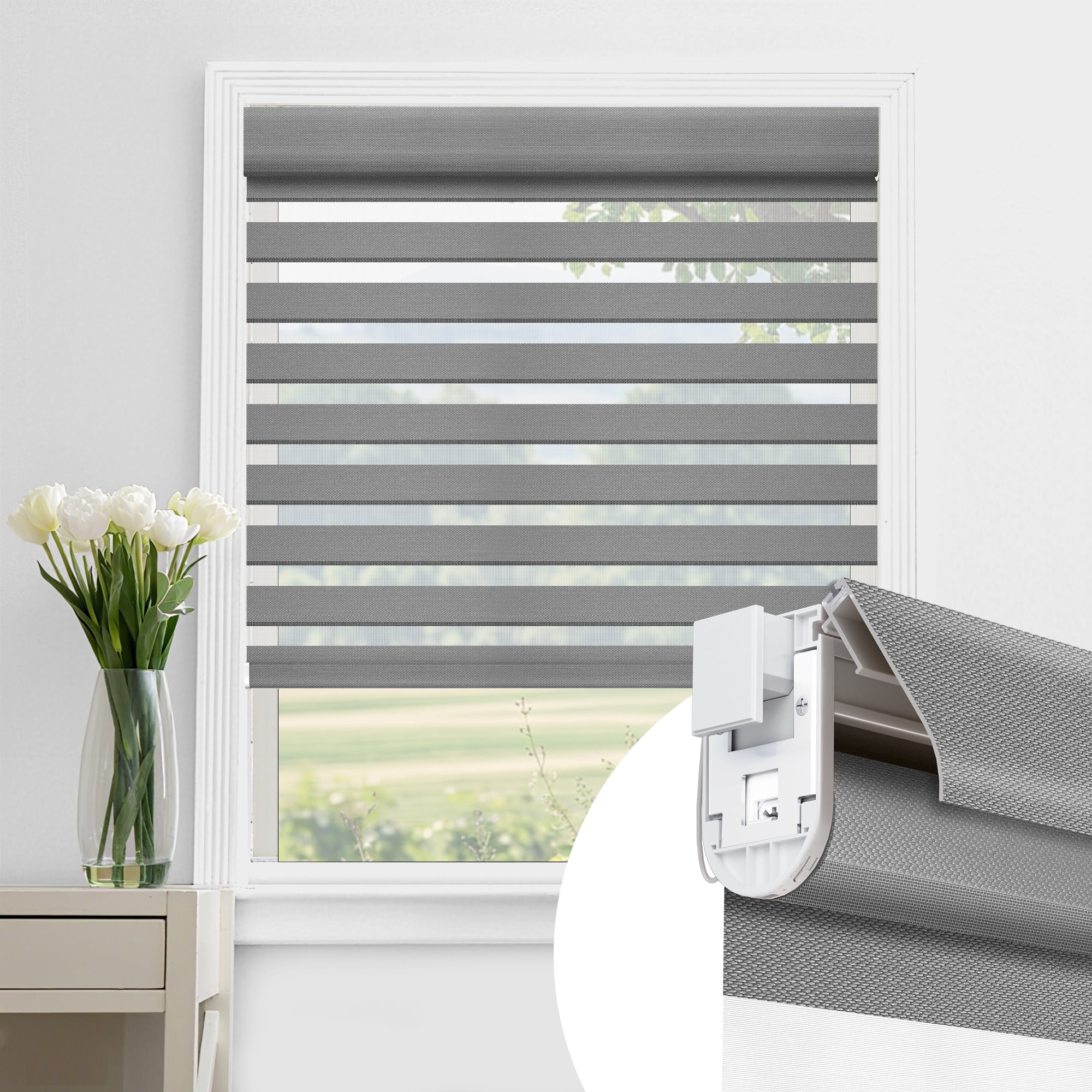 Allesin Zen No Drill No Tools Cordless Zebra Blinds, Gray, 34.5"Wx72"H