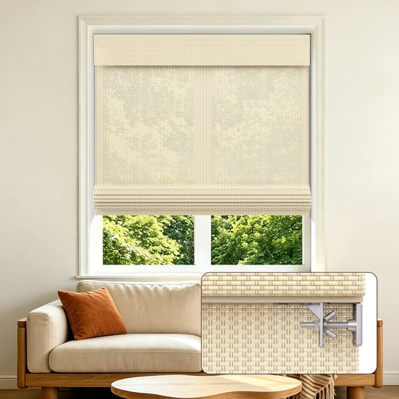 Allesin zen No Drill Cordless Bamboo Roman Shade, 34.5"W x 64"H, Ivory