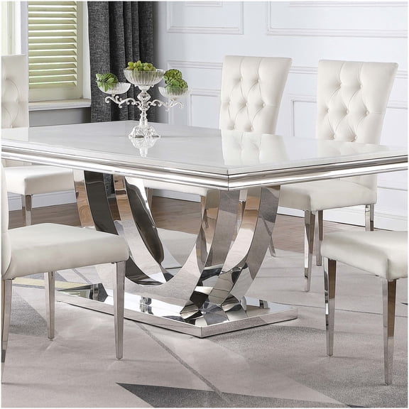 Allessandra Modern White and Silver Stainless Steel Dining Table for 6, U-Shaped Base Rectangular Table