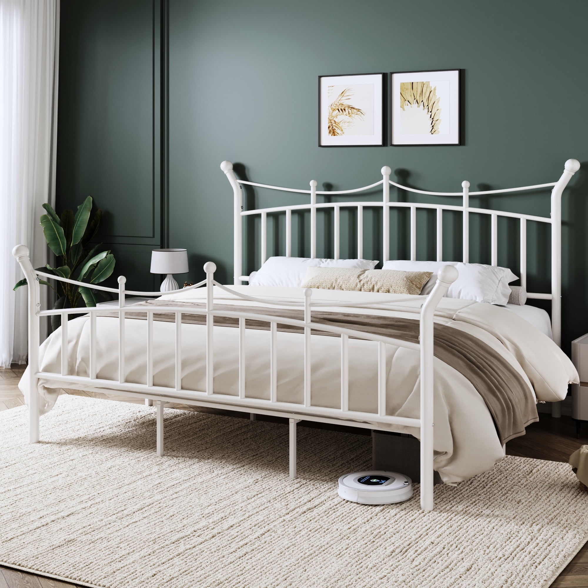 Allewie 14 Inches King Size Metal Platform Bed Frame with Elegant Crown Headboard & Footboard, Sturdy Mattress Foundation with Under-Bed Storage, Easy Assembly, No Box Spring Needed, White