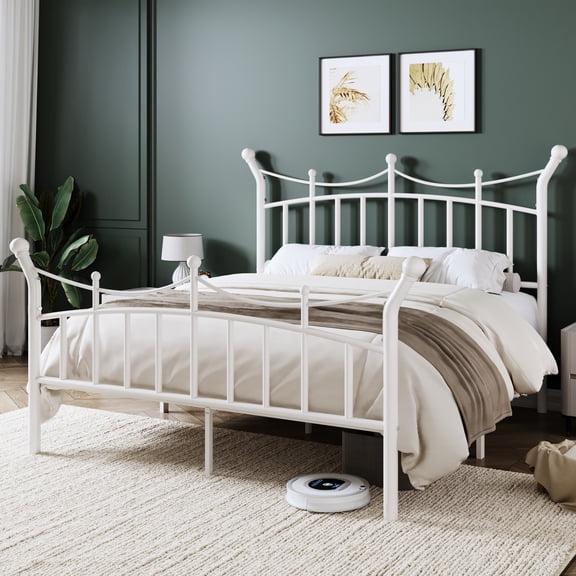 Allewie 14 Inches Queen Size Metal Platform Bed Frame with Elegant Crown Headboard & Footboard, Sturdy Mattress Foundation with Under-Bed Storage, Easy Assembly, No Box Spring Needed, White