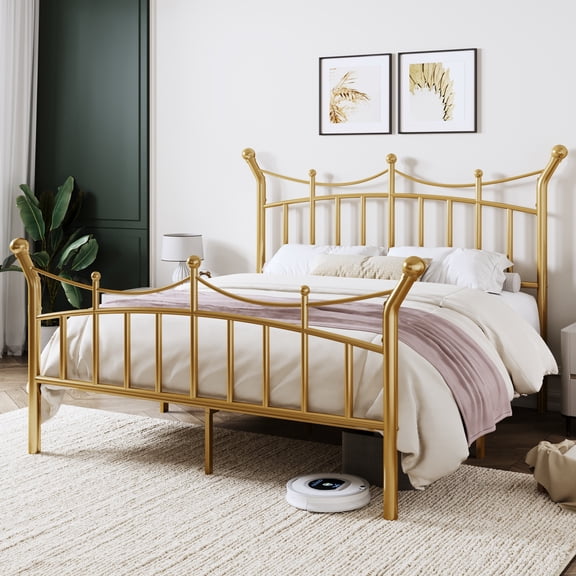 Allewie 14 Inches Queen Size Metal Platform Bed Frame with Elegant Crown Headboard & Footboard, Sturdy Mattress Foundation with Under-Bed Storage, Easy Assembly, No Box Spring Needed, Gold