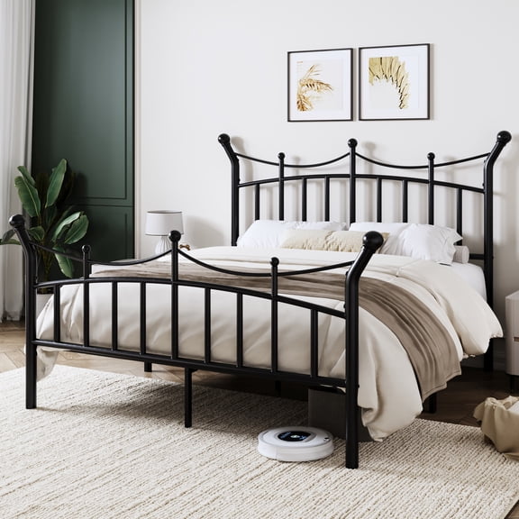 Allewie 14 Inches Queen Size Metal Platform Bed Frame with Elegant Crown Headboard & Footboard, Sturdy Mattress Foundation with Under-Bed Storage, Easy Assembly, No Box Spring Needed, Black