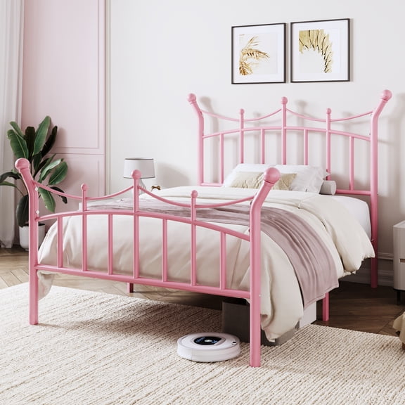 Allewie 14 Inches Twin Size Metal Platform Bed Frame with Elegant Crown Headboard & Footboard, Sturdy Mattress Foundation with Under-Bed Storage, Easy Assembly, No Box Spring Needed, Pink