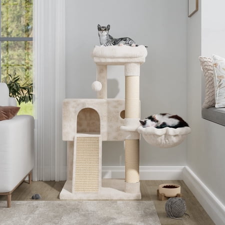 Allewie 36" Cat Tree for Small Cats, Multi-Level Cat Condo with Scratching Posts, Ramp and Top Perch, Soft Plush Cat Climbing Tower, Beige