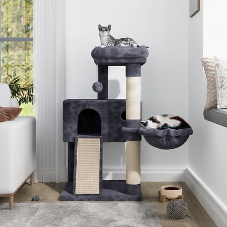 Allewie 36" Cat Tree for Small Cats, Multi-Level Cat Condo with Scratching Posts, Ramp and Top Perch, Soft Plush Cat Climbing Tower, Blue