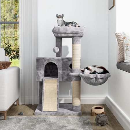 Allewie 36" Cat Tree for Small Cats, Multi-Level Cat Condo with Scratching Posts, Ramp and Top Perch, Soft Plush Cat Climbing Tower, Grey