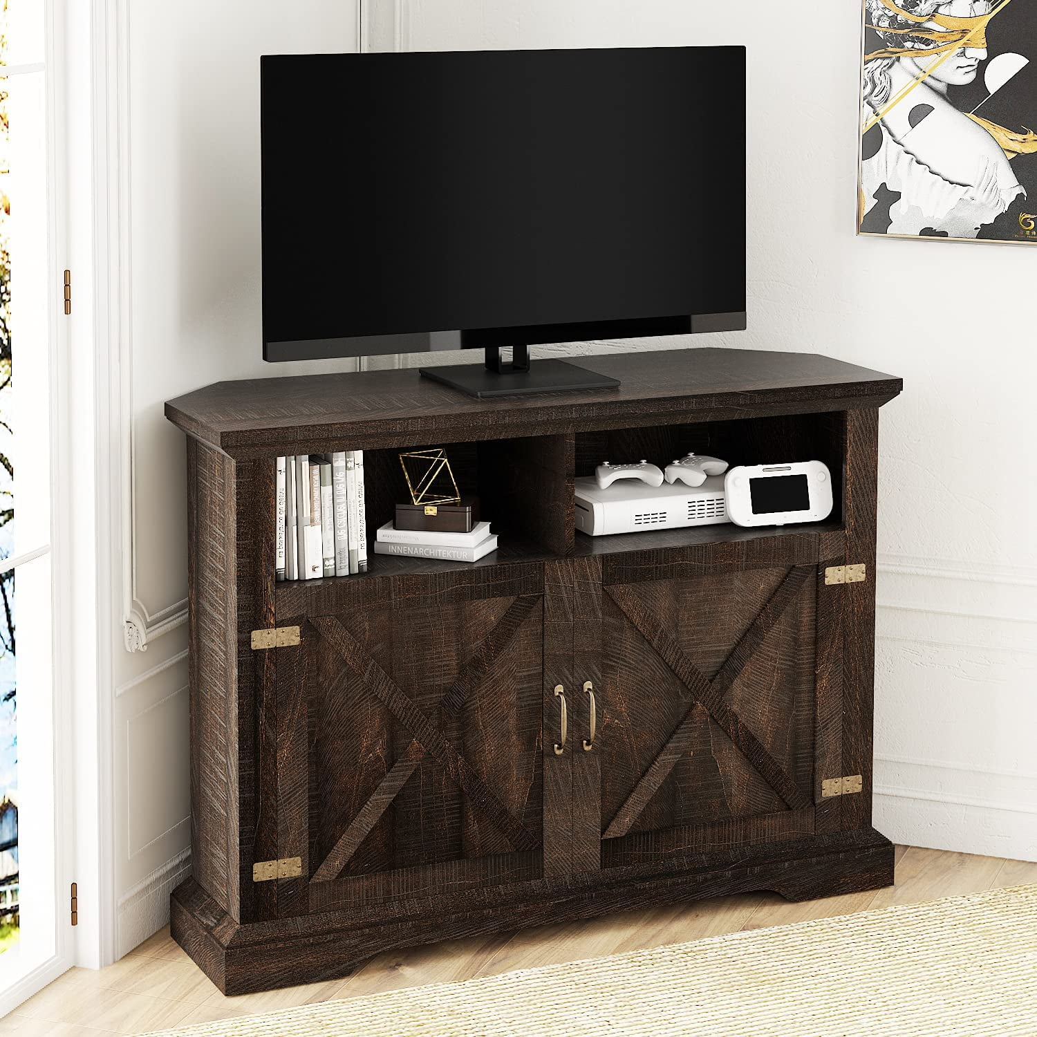 Allewie 44'" Farmhouse Corner TV Stand for TVs Up to 50 Inches, Modern