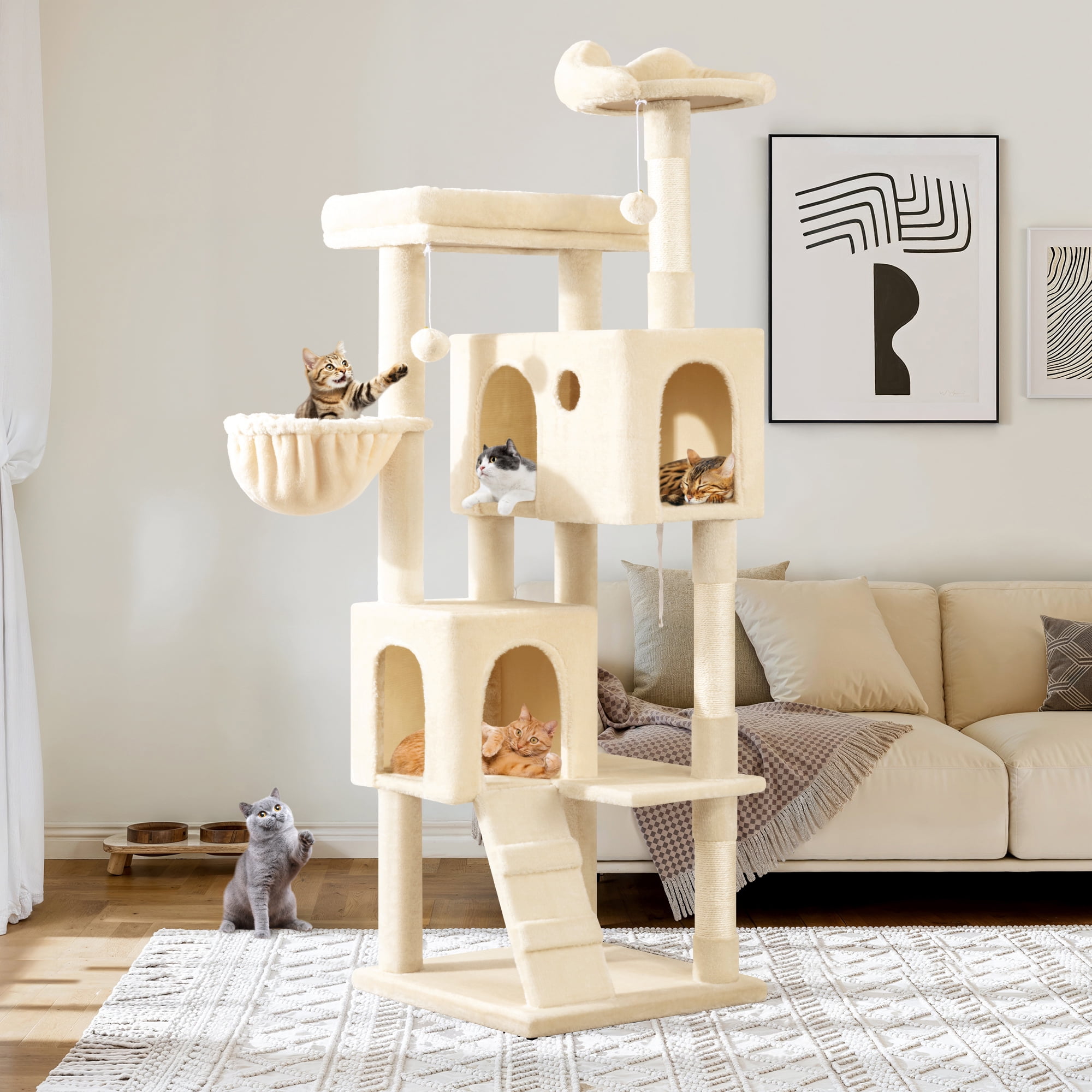Allewie 64 Inches Cat Tree Tower, Multi-Level Activity Center for Indoor Big Felines, 2 Plush Condos, 2 Perchs, Basket, House, Sisal Scratching Posts, Hanging Cat Toys, Beige
