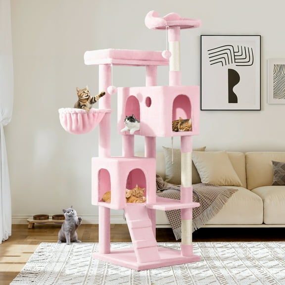 Allewie 64 Inches Cat Tree Tower, Multi-Level Activity Center for Indoor Big Felines, 2 Plush Condos, 2 Perchs, Basket, House, Sisal Scratching Posts, Hanging Cat Toys, Pink