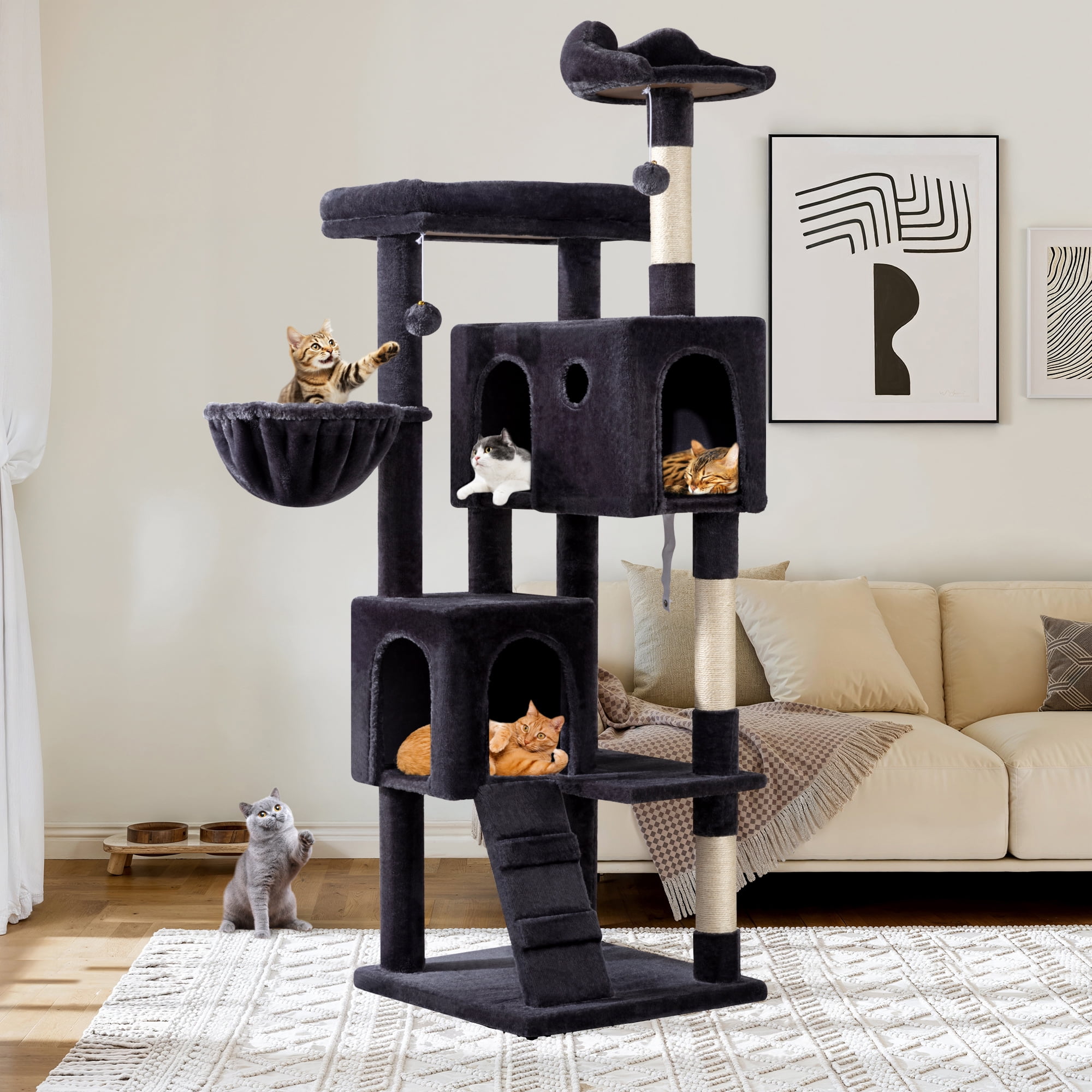Allewie 64 Inches Cat Tree Tower, Multi-Level Activity Center for Indoor Big Felines, 2 Plush Condos, 2 Perchs, Basket, House, Sisal Scratching Posts, Hanging Cat Toys, Dark Grey