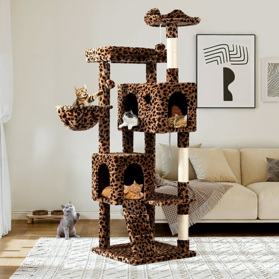 Allewie 64 Inches Cat Tree Tower, Multi-Level Activity Center for Indoor Big Felines, 2 Plush Condos, 2 Perchs, Basket, House, Sisal Scratching Posts, Hanging Cat Toys, Leopard Print