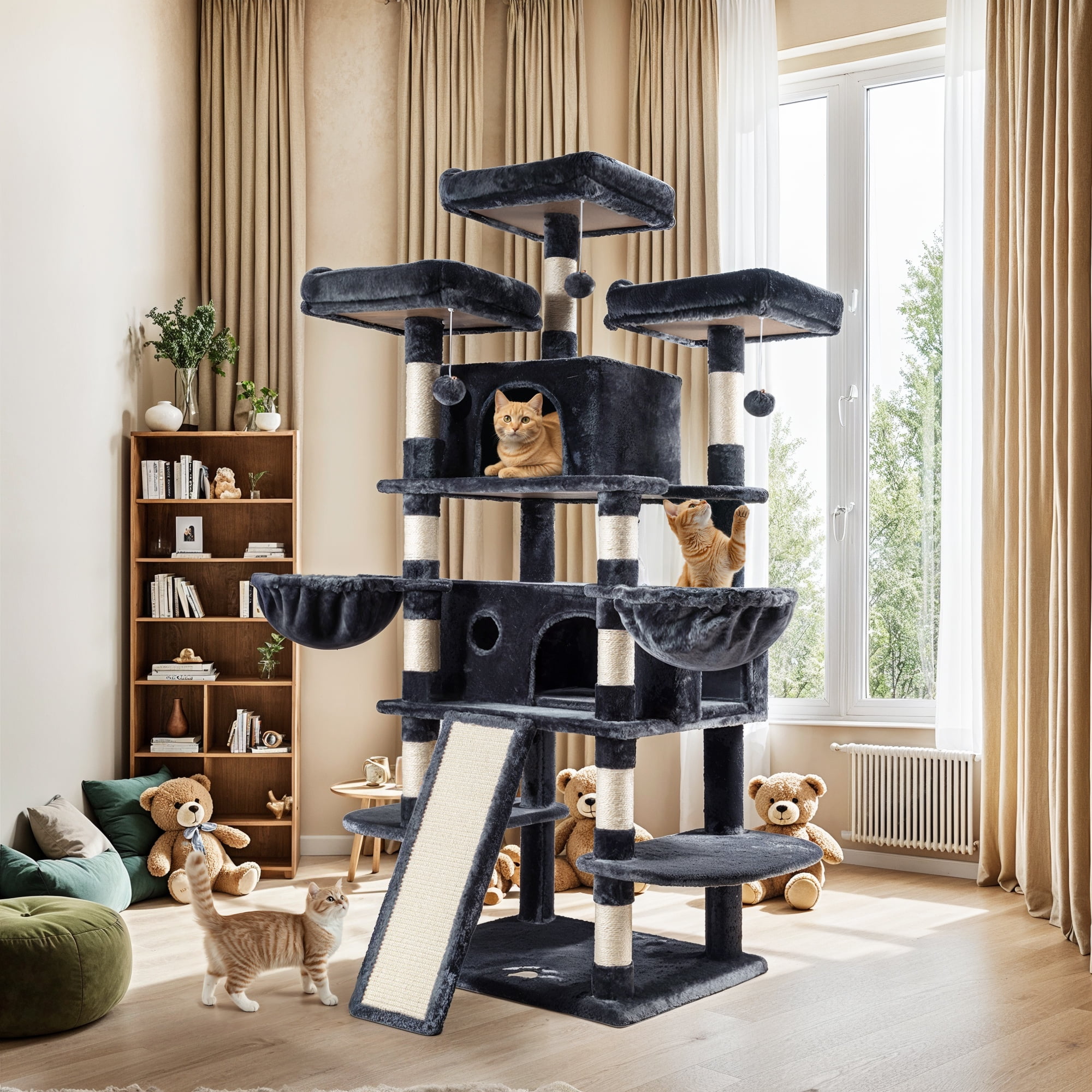 Allewie 68" Multi-Level Large Cat Tree and Tower with Cat Condo House, Scratching Posts & Board, Dark Blue