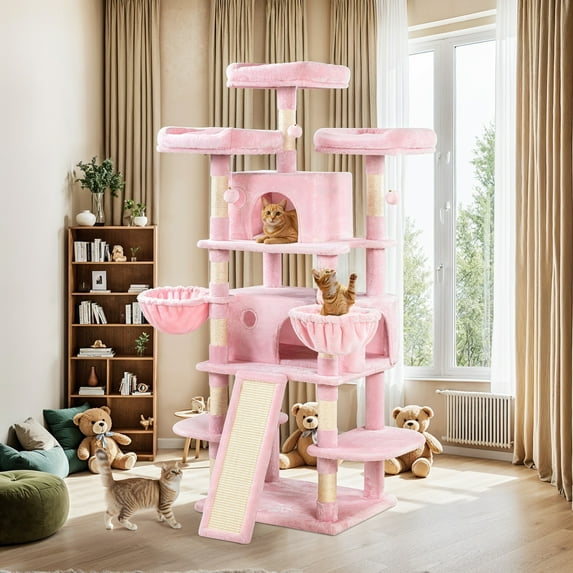 Allewie 68" Multi-Level Large Cat Tree and Tower with Cat Condo House, Scratching Posts & Board, Pink