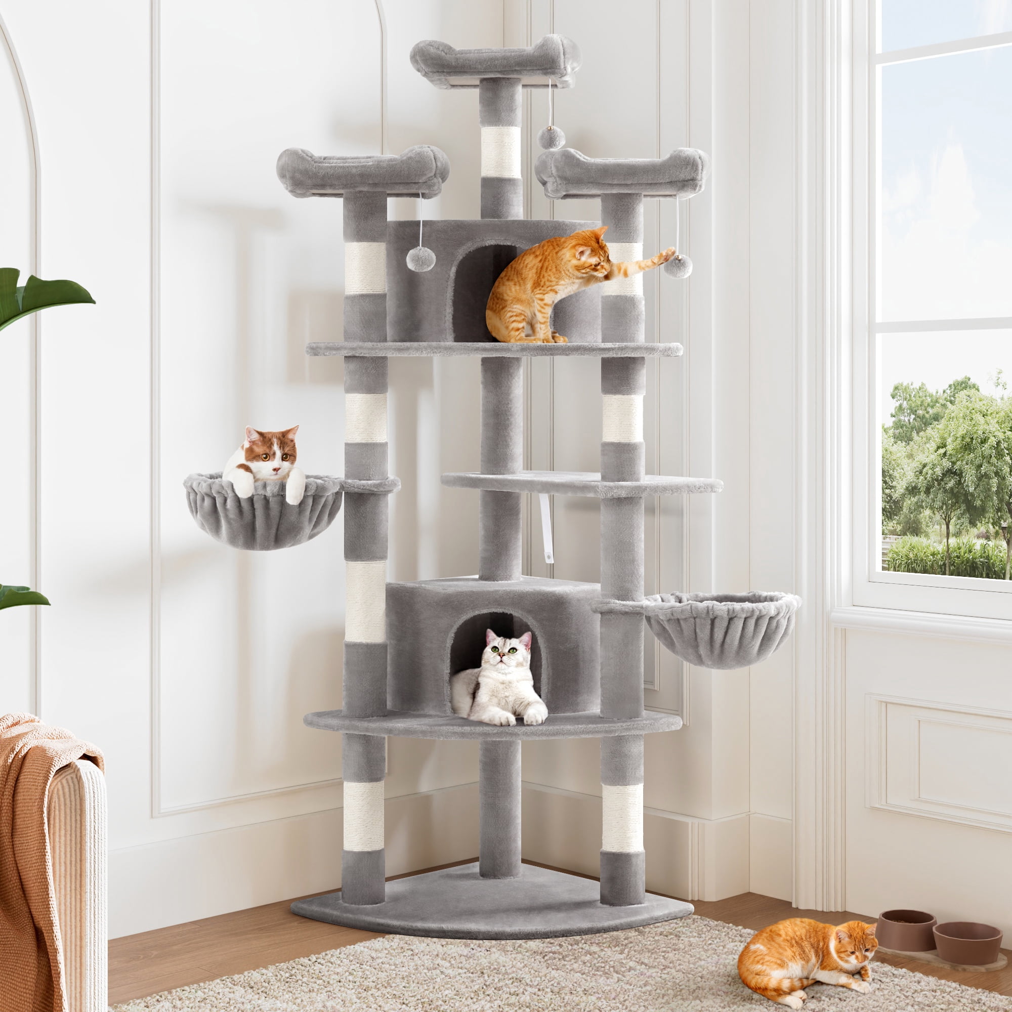 Allewie 73in Fan-Shaped Space-Saving Corner Cat Tower, Multi-Level Tall Cat Tree for Indoor Kitties, Cozy Baskets, Condos, House, Perches, Sisal Scratching Posts, Grey