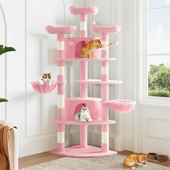 Allewie 73in Fan-Shaped Space-Saving Corner Cat Tower, Multi-Level Tall Cat Tree for Indoor Kitties, Cozy Baskets, Condos, House, Perches, Sisal Scratching Posts, Pink