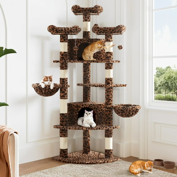 Allewie 73in Fan-Shaped Space-Saving Corner Cat Tower, Multi-Level Tall Cat Tree for Indoor Kitties, Cozy Baskets, Condos, House, Perches, Sisal Scratching Posts, Leopard Print