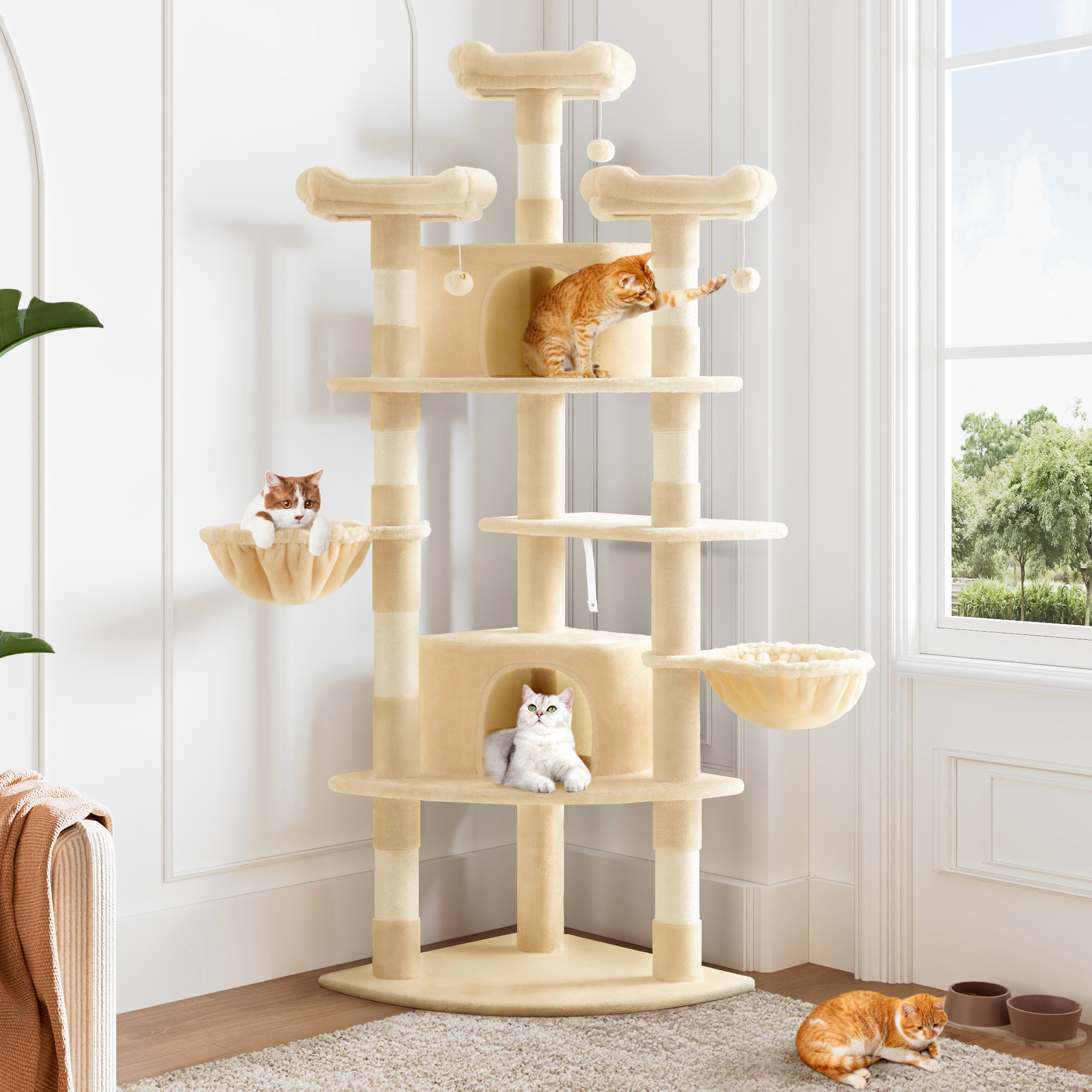 Allewie 73in Fan-Shaped Space-Saving Corner Cat Tower, Multi-Level Tall Cat Tree for Indoor Kitties, Cozy Baskets, Condos, House, Perches, Sisal Scratching Posts, Beige