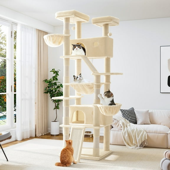 Allewie 81 Inches Multi-Level Tall Cat Tree for Large Cat, Cat Climbing Tree with Cat Condo and Hammock, Scratching Post, Wide Base, Beige